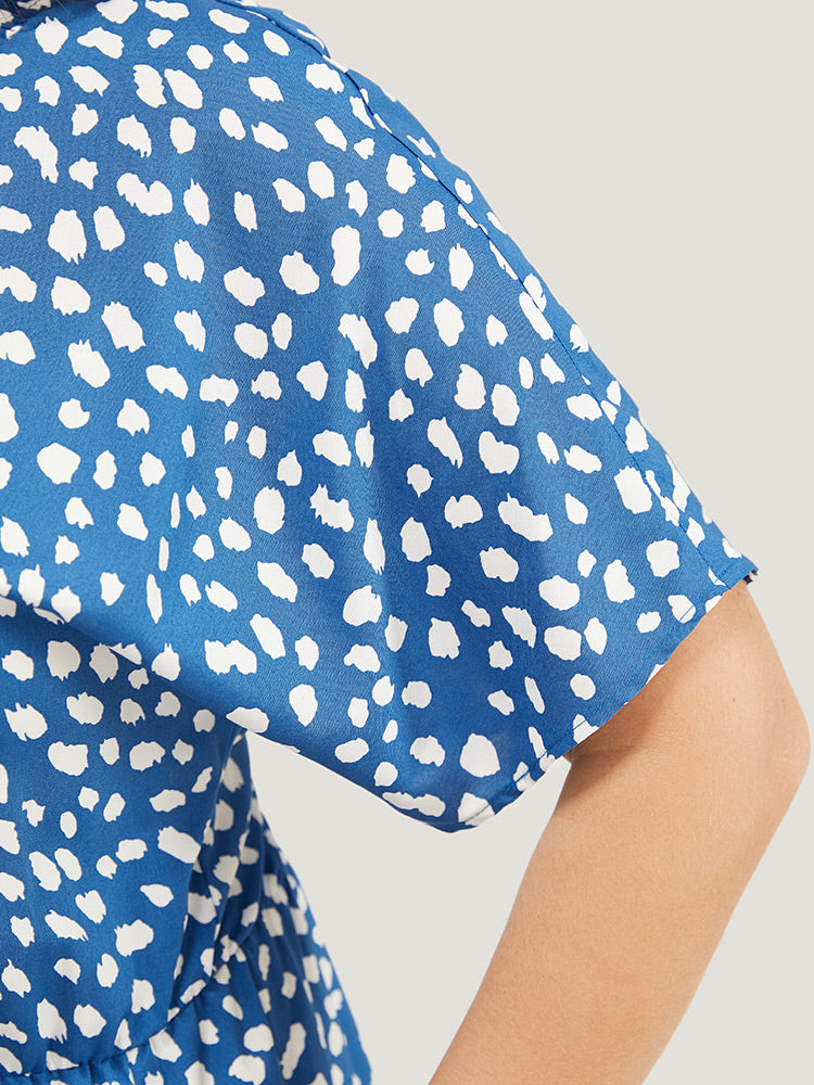 Polka Dot Batwing Sleeve Pocket Shirred Mock Neck Dress