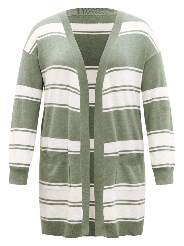 Striped Patchwork Open Front Pocket Cardigan