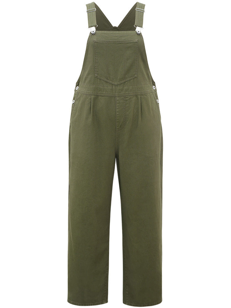 Solid Patched Pocket Pleated Overall Jeans