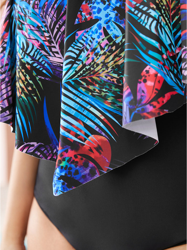 Tropical Print Ruffle Trim One Piece Swimsuit