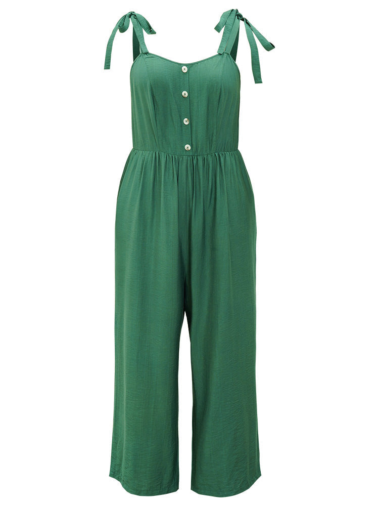 Solid Button Detail Pocket Elastic Waist Knotted Shoulder Jumpsuit
