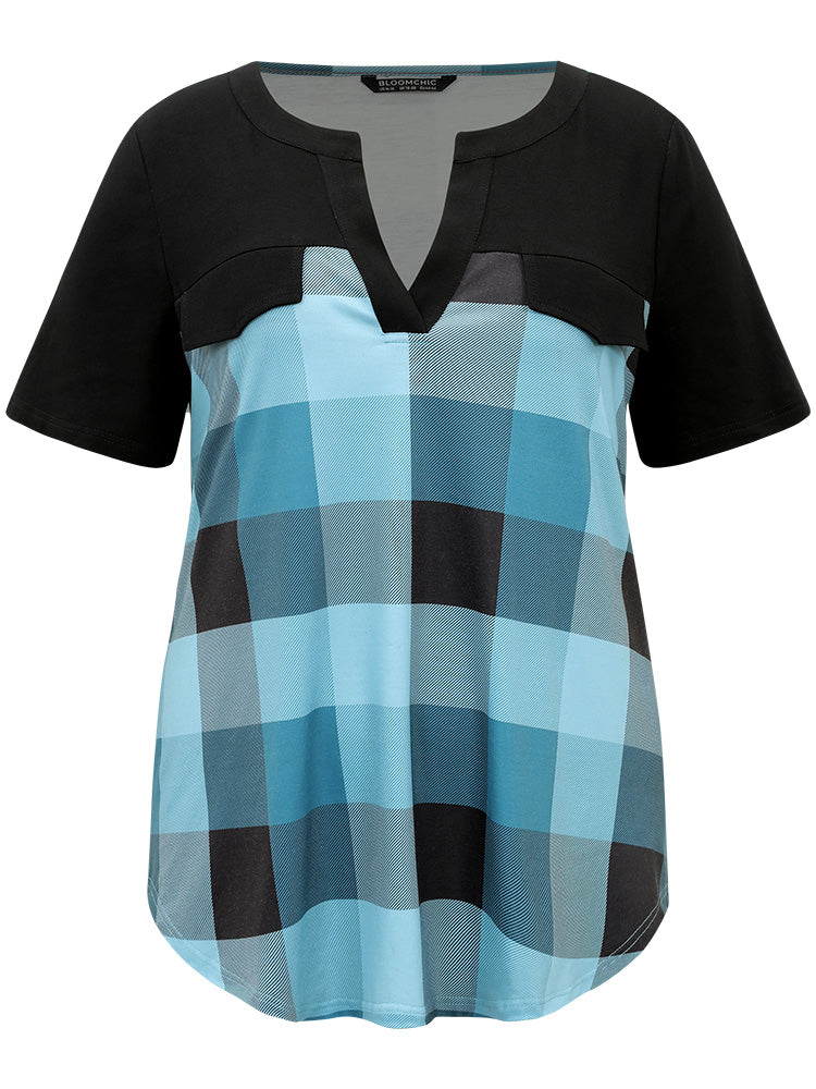 Plaid Patchwork Contrast Notched Arc Hem T-shirt