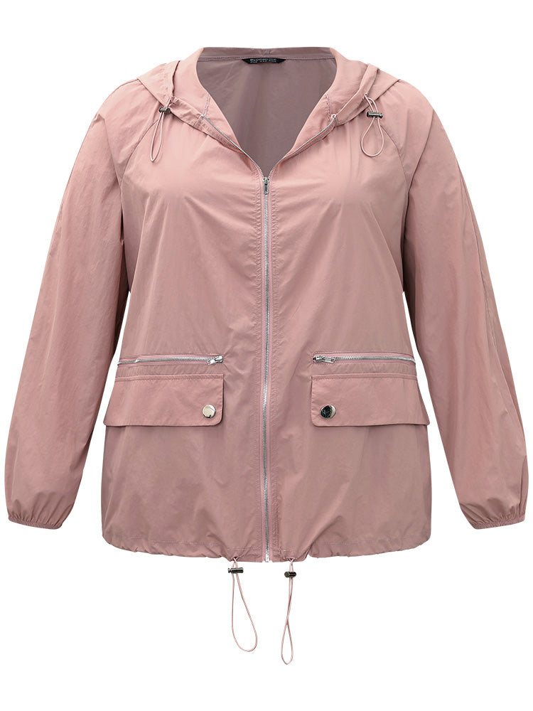Plain Hooded Pocket Zipper Fly Drawstring Jacket