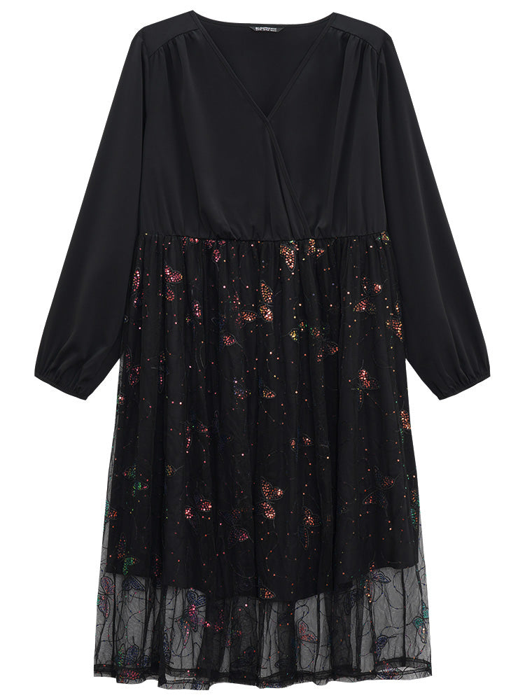 Butterfly Patchwork Lace Mesh Wrap Sequin Dress