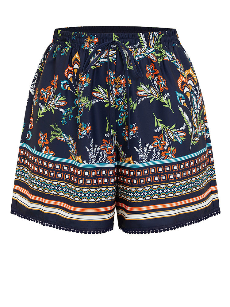 Bandana Knot Pocket Elastic Waist Pompom Trim Shorts