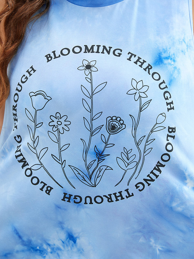 Floral & letter Print Asymmetrical Hem Tie Dye Tank Top