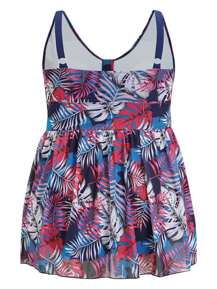 Plant Print Contrast Ruffle Hem A Line Ruched Swim Dress