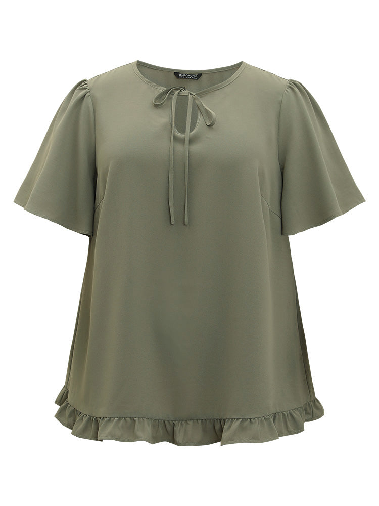 Plain Ruffle Sleeve Knot Neck Frill Trim Woven Top
