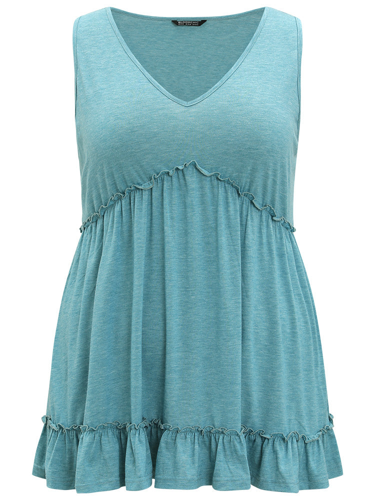 Plain Flutter V Neck Frill Trim Tank Top