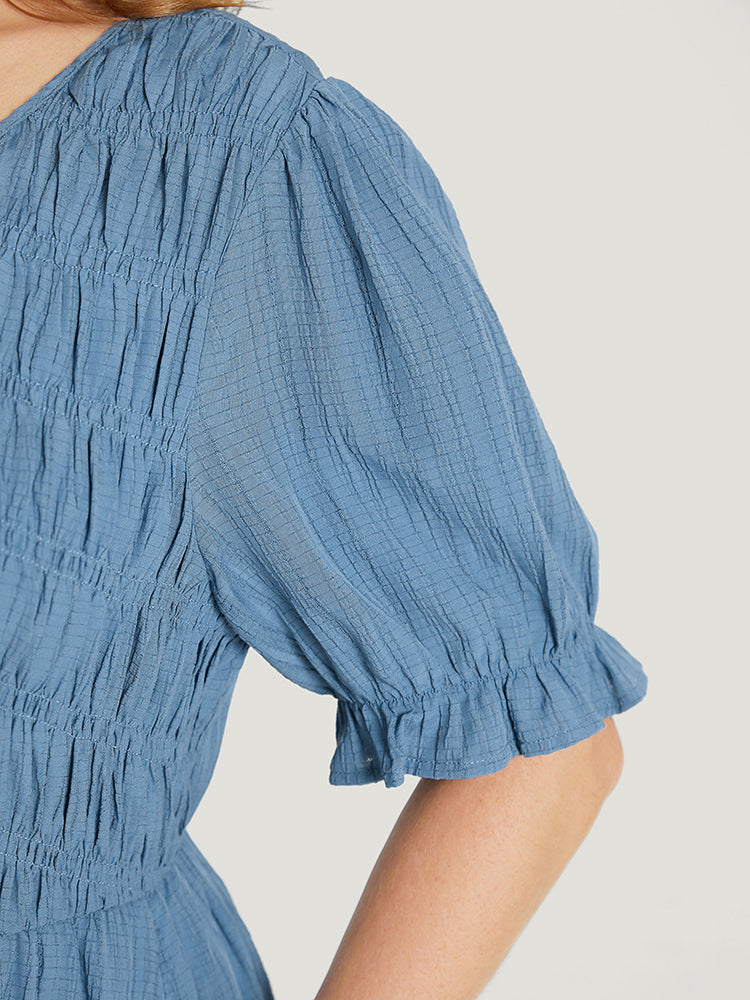 Solid Shirred Pocket Puff Sleeve V Neck Ruffles Dress