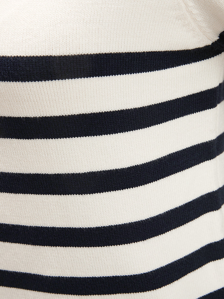 Striped Pointelle Knit V Neck Contrast Loose Knit Top