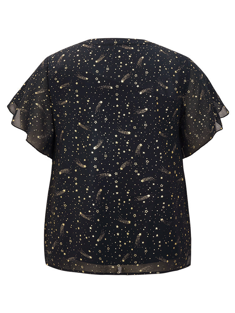 Glitter Star Print Notched Split Petal Sleeve Blouse