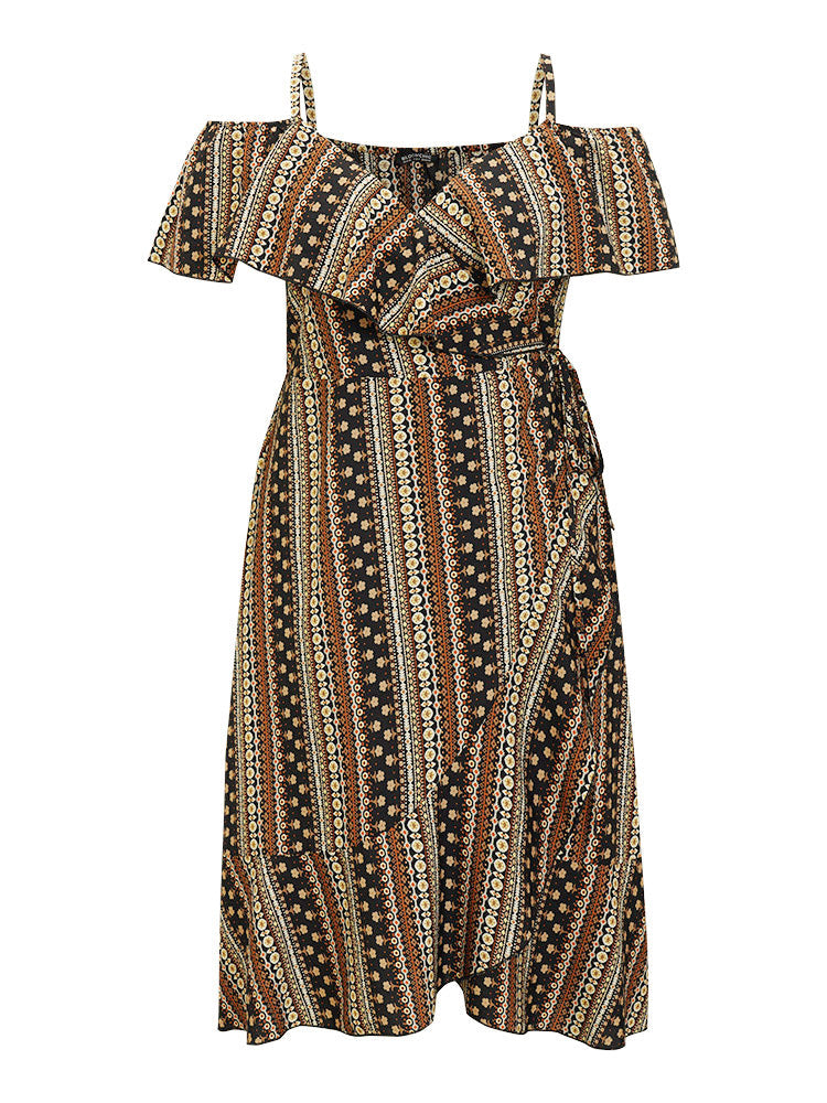 Bandana Pocket Ruffle Trim Cold Shoulder Dress