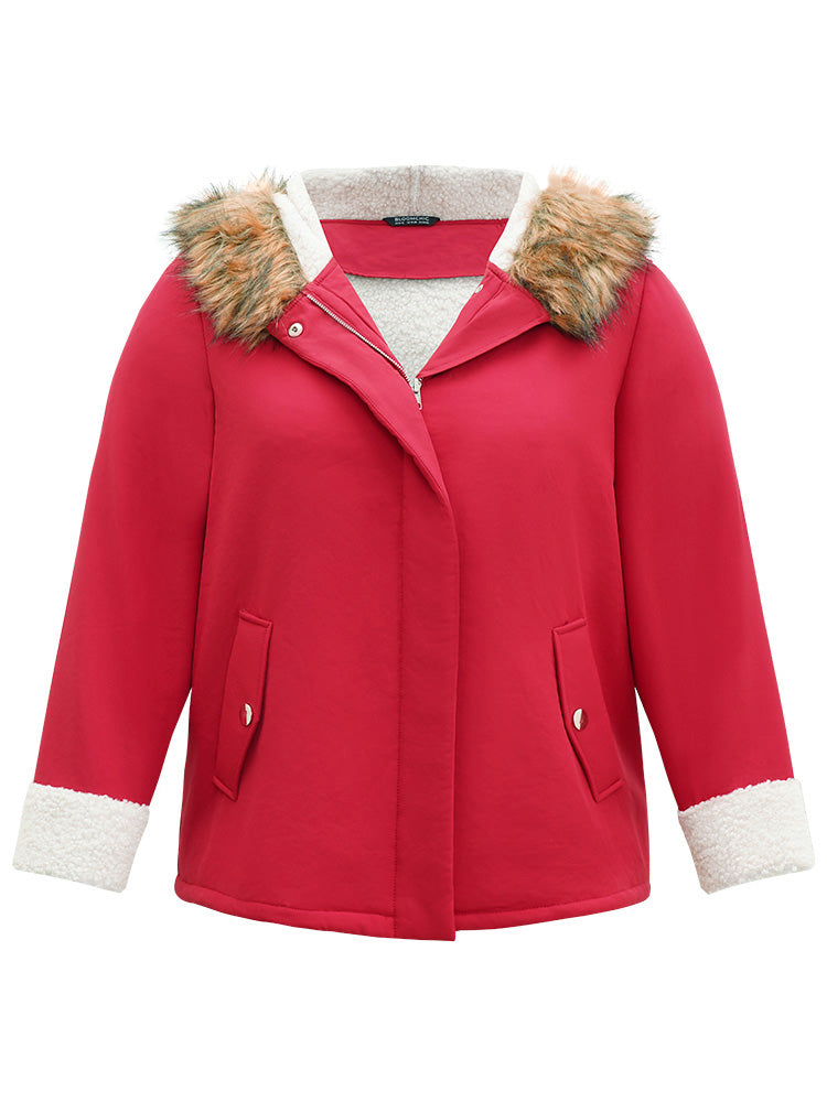 Patchwork Fuzzy Trim Pocket Hooded Jacket