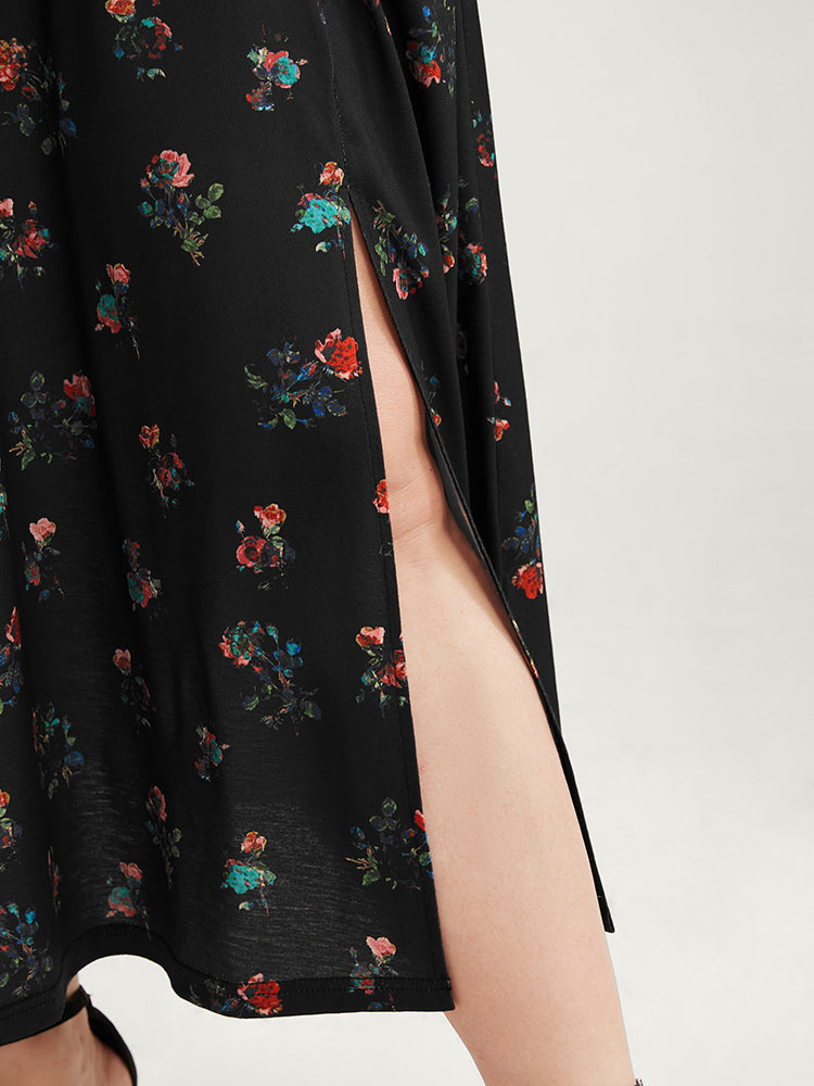 Ditsy Floral Button Up Pocket Split Hem Dress