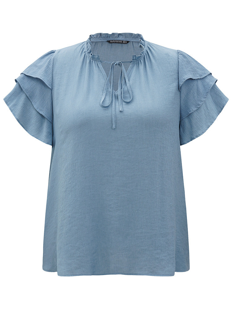 Plain Knot Neck Stand Collar Ruffle Layered Sleeve Blouse