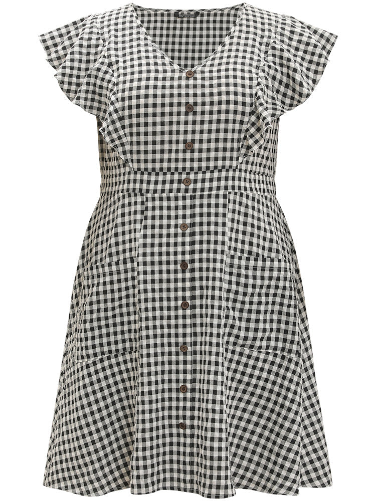Gingham Button Detail Pocket Ruffle Cap Sleeve Dress