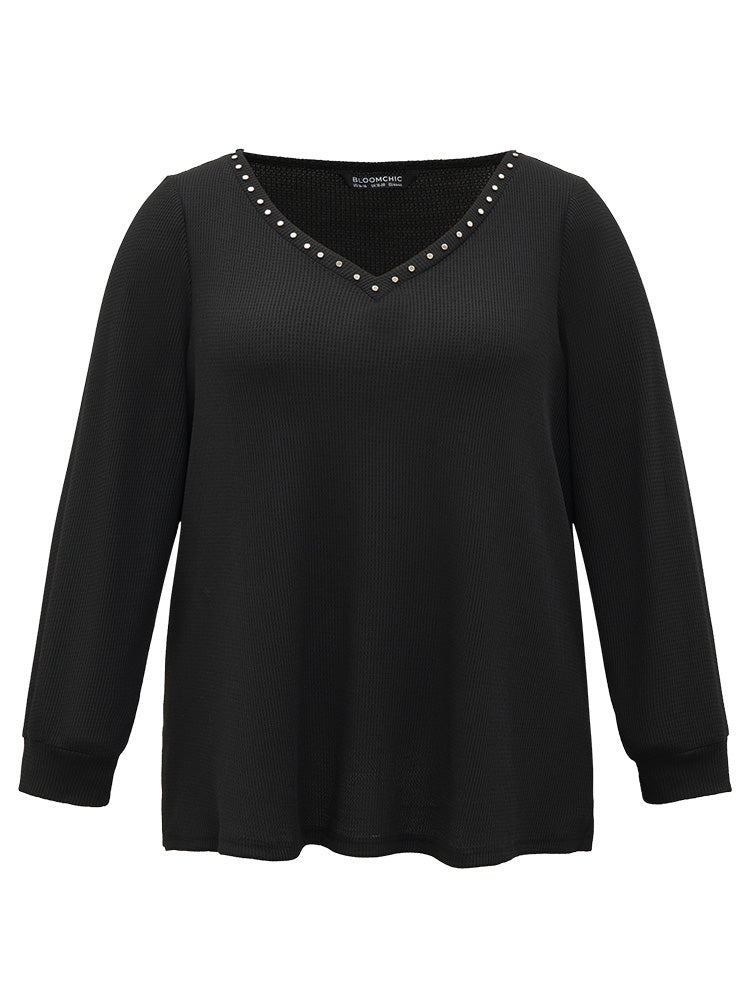 Plain Rivets V Neck Elastic Cuffs Sweatshirt
