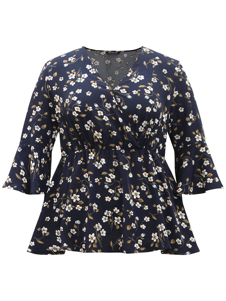 Floral Wrap Flutter Sleeve Woven Blouse