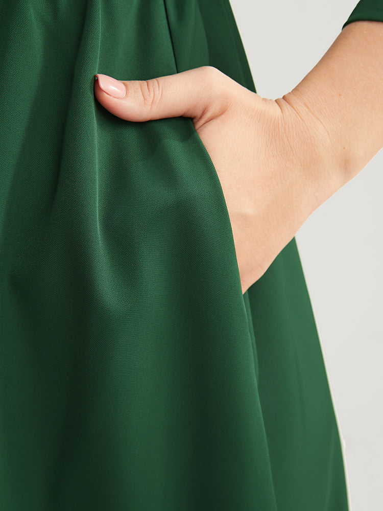 Plain Pocket Notched Neck Scallop Trim Flutter Dress