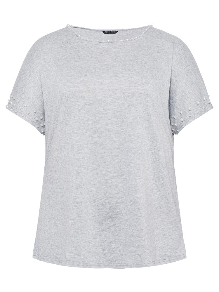 Plain Heather Pearl Beaded Crew Neck T-shirt