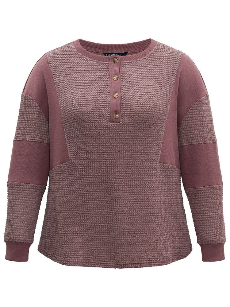 Waffle Knit Patchwork Rib Knit Button Down Sweatshirt