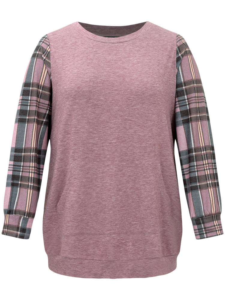 Plaid Print Patchwork Kangaroo Pocket Sweatshirt