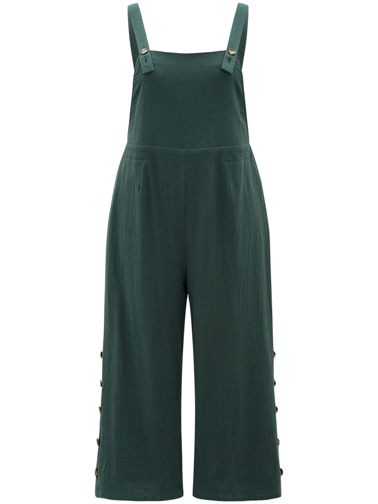 Solid Button Detail Pocket Adjustable Straps Cami Jumpsuit