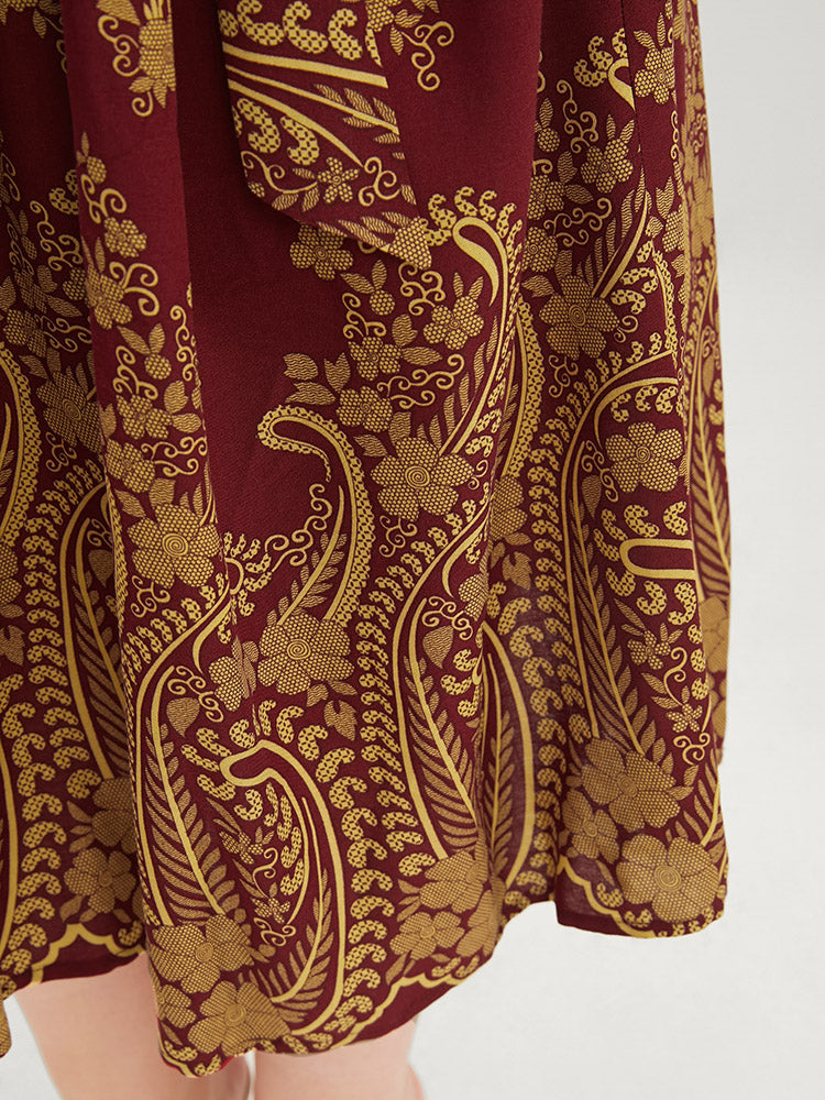 Floral Print Cold Shoulder Pocket Belted Flutter Hem Dress