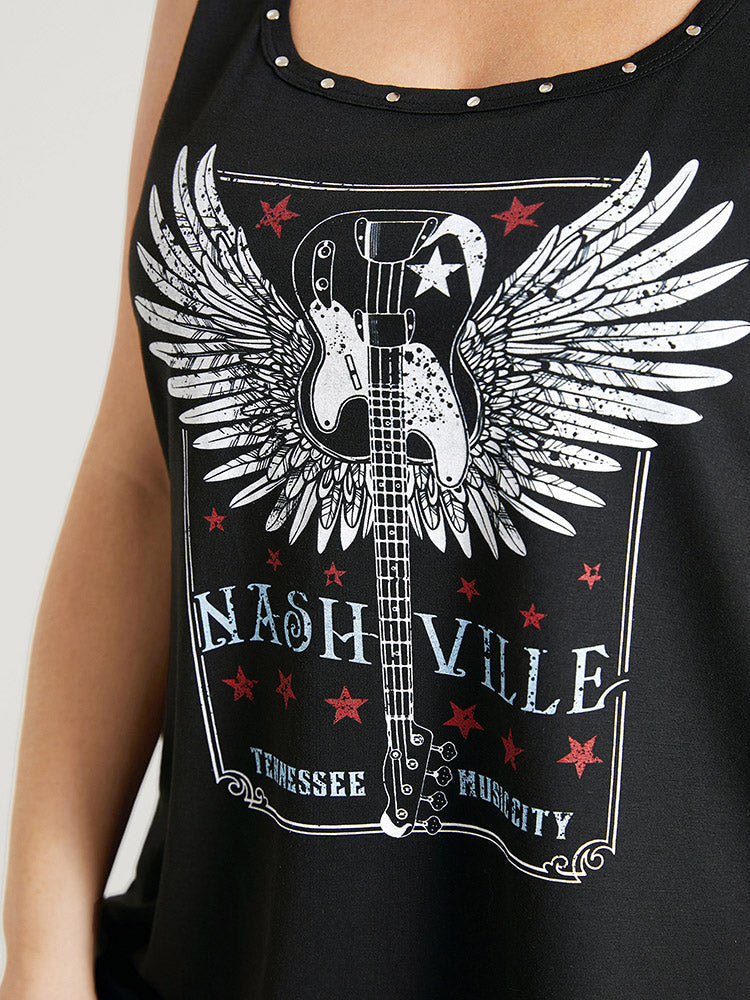 Guitar & Wings Print Rivet Graphic Tank Top