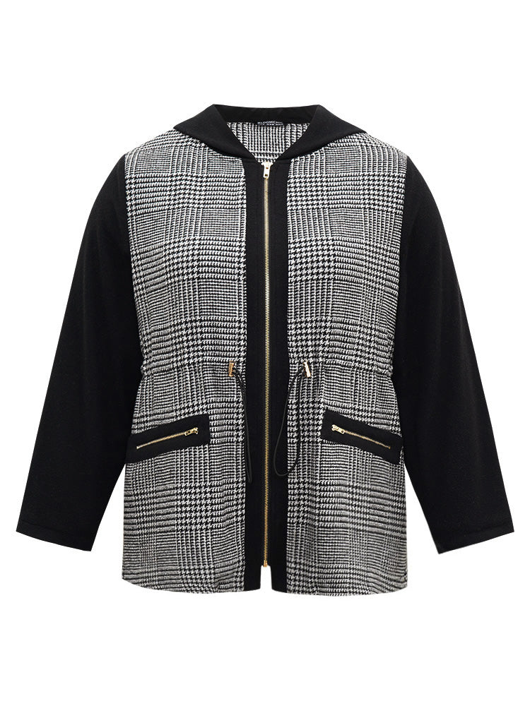 Houndstooth Patchwork Zipper Drawstring Coat