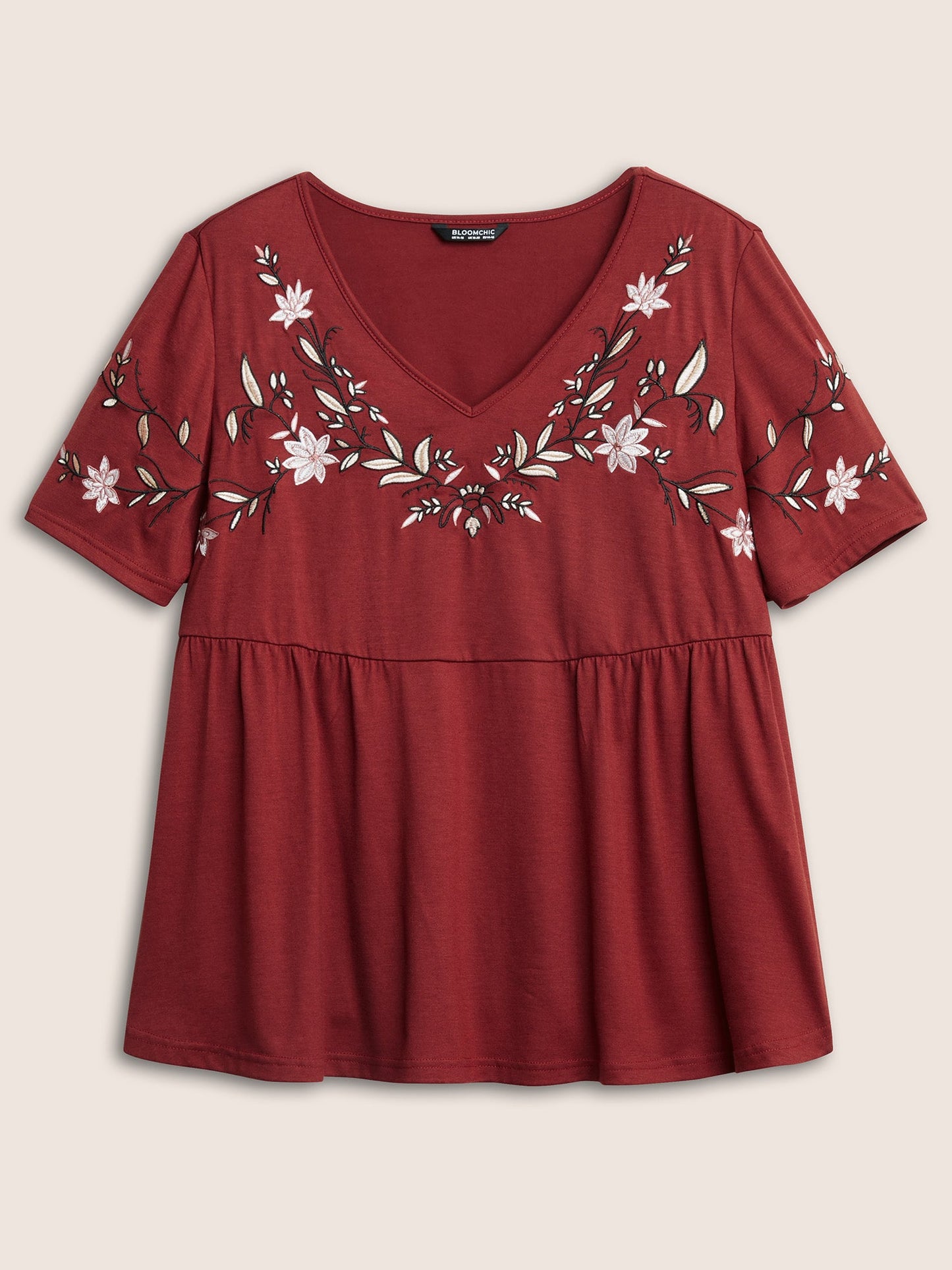 Floral Embroidered V Neck Gathered T-shirt