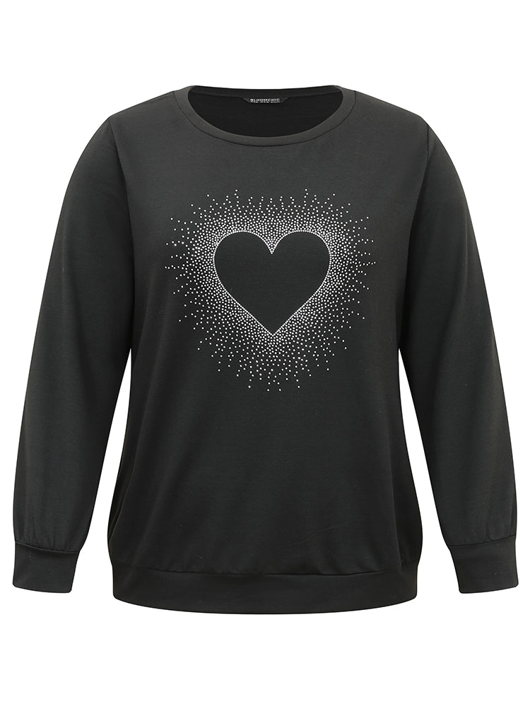 Heart Rhinestone Round Neck Sweatshirt