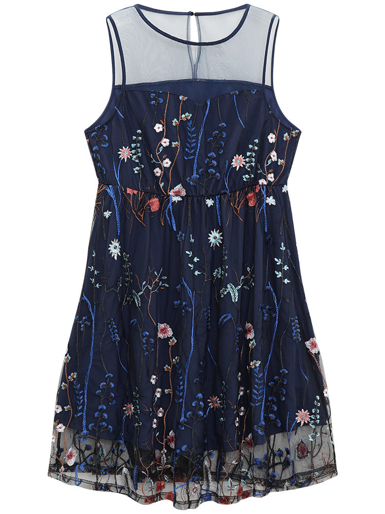 Plants Embroidered Mesh Patchwork Tank Dress