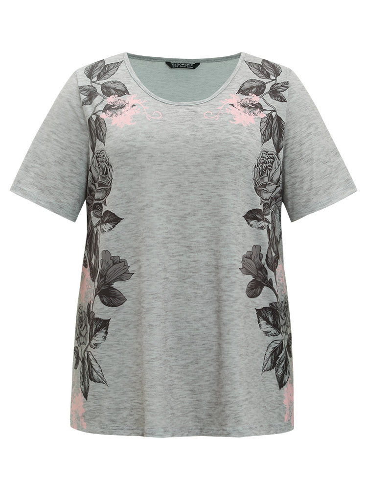 Floral Print Contrast Crew Neck T-shirt