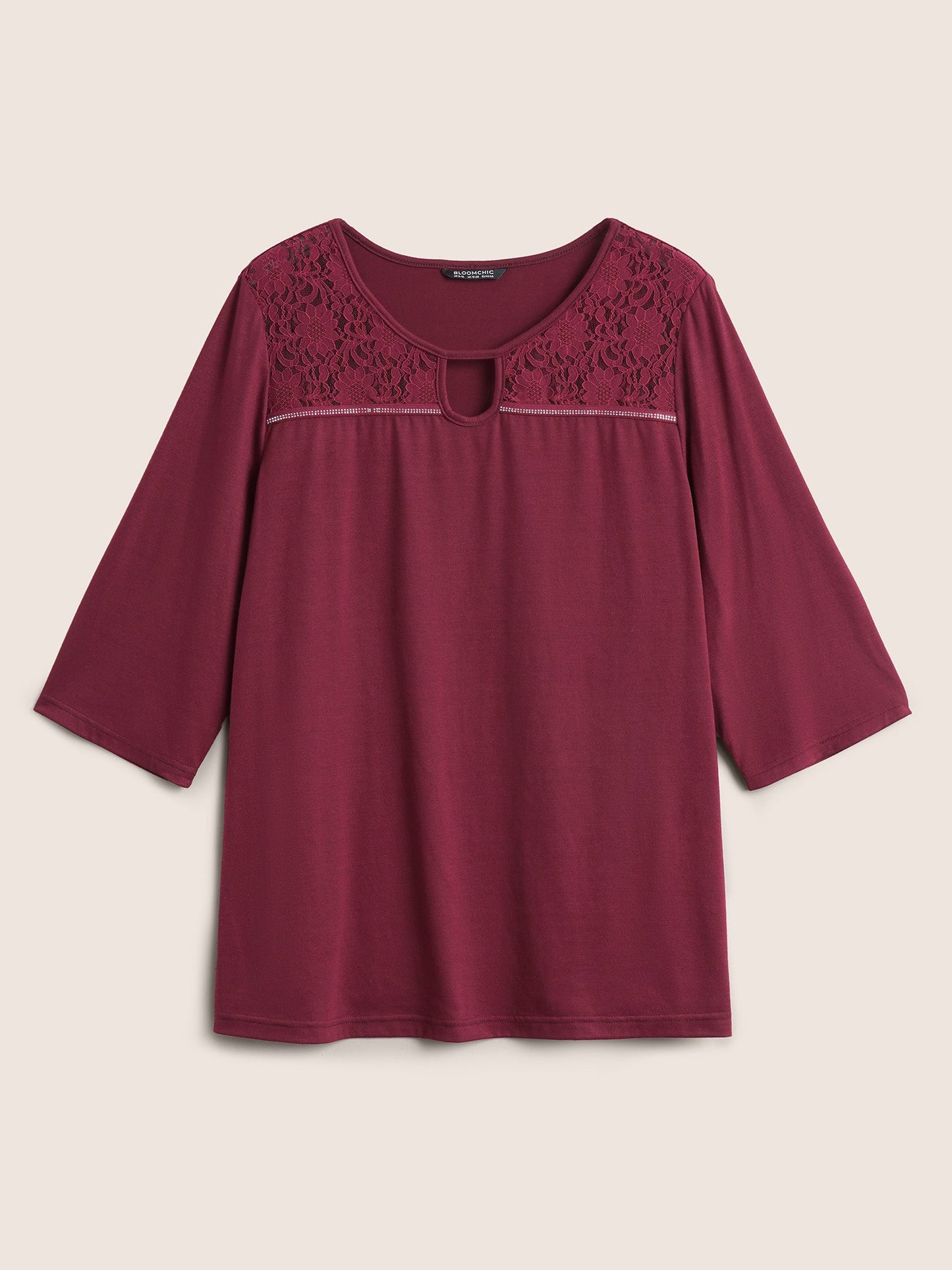 Lace Patchwork Keyhole Rhinestone Detail T-shirt