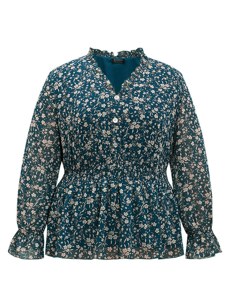 Ditsy Floral Chiffon Shirred Ruffles Frill Trim Blouse
