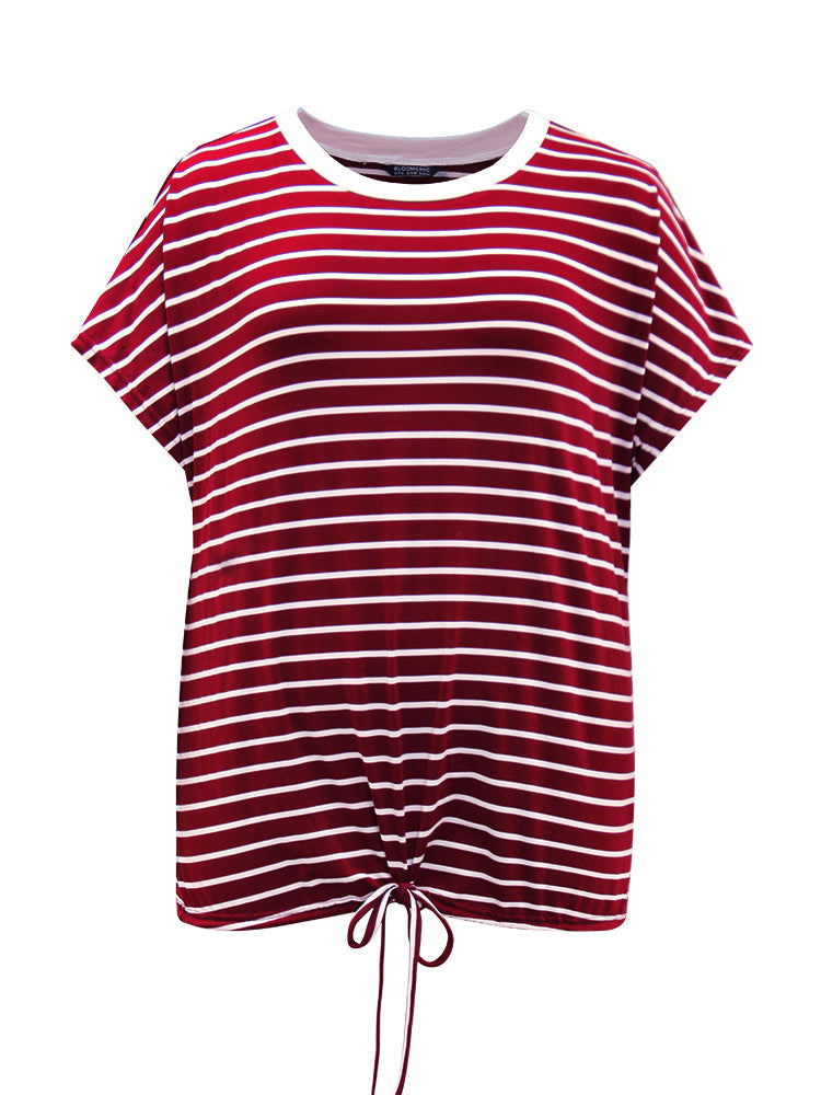 Striped Drawstring Batwing Sleeve T-shirt