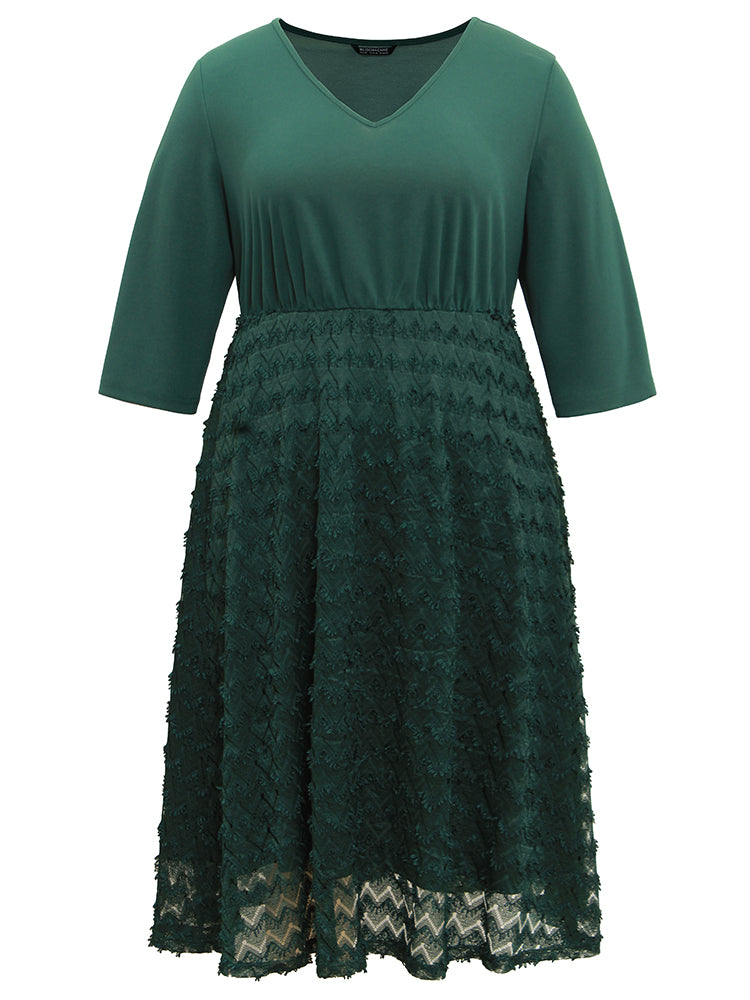 Plain Texture Mesh Patchwork Elastic Waist Dress