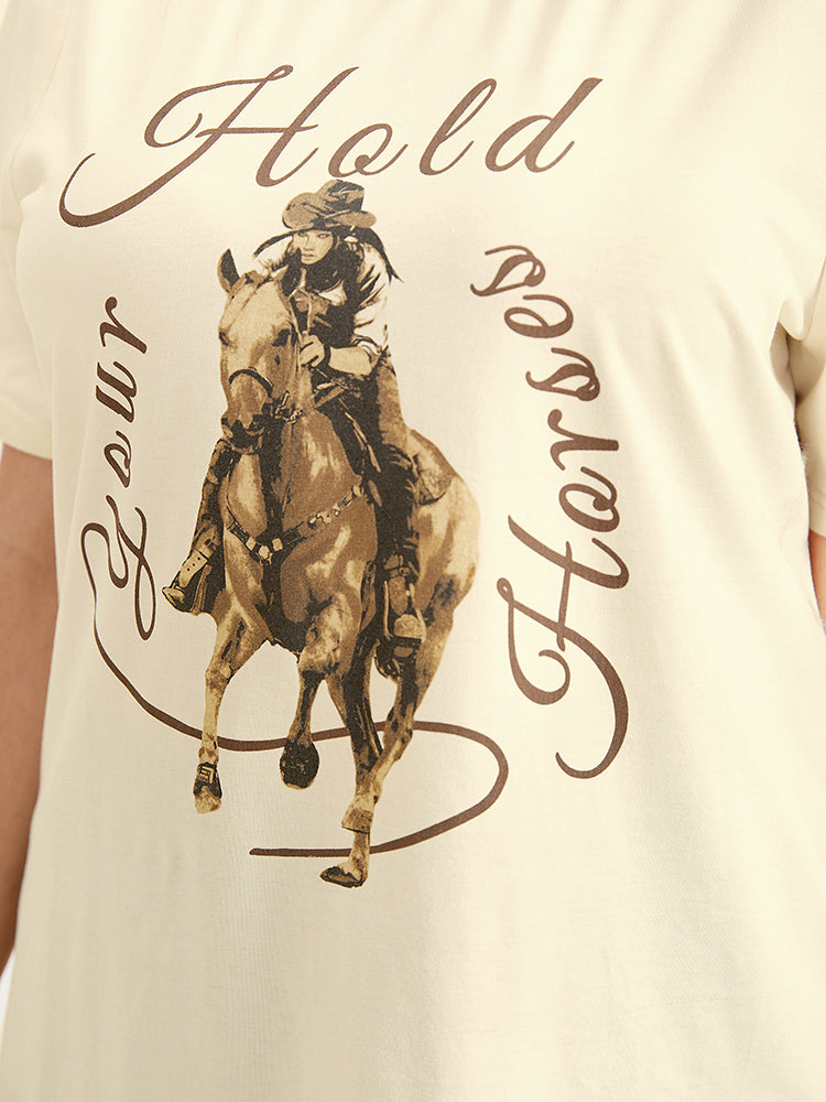Horse & Letter Print Round Neck Graphic Tee