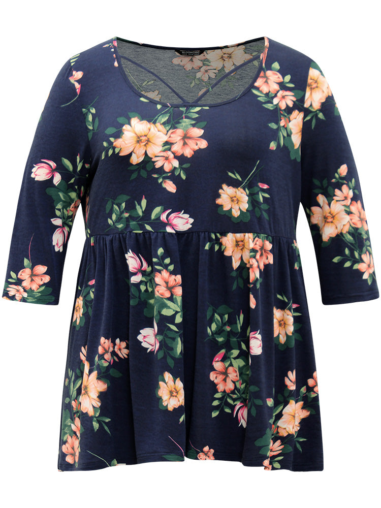 Floral Print Crisscross Flutter Hem T-shirt