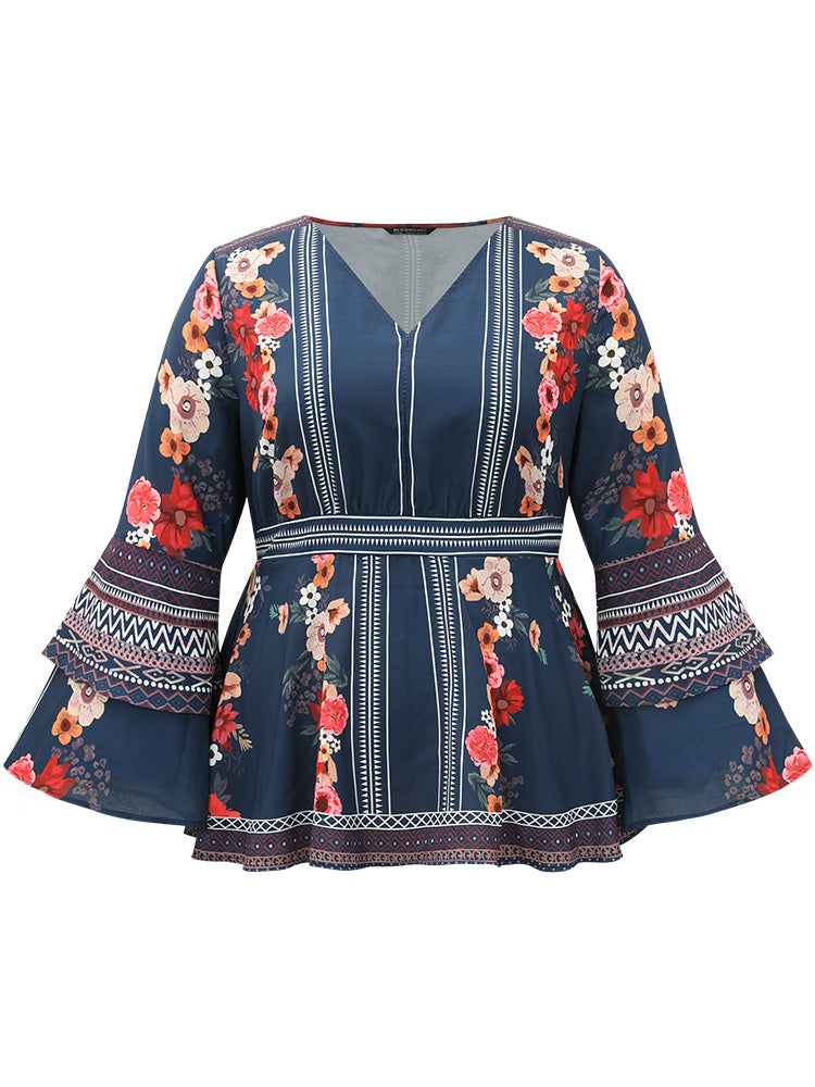 Boho Print V Neck Elastic Waist Bell Sleeve Blouse