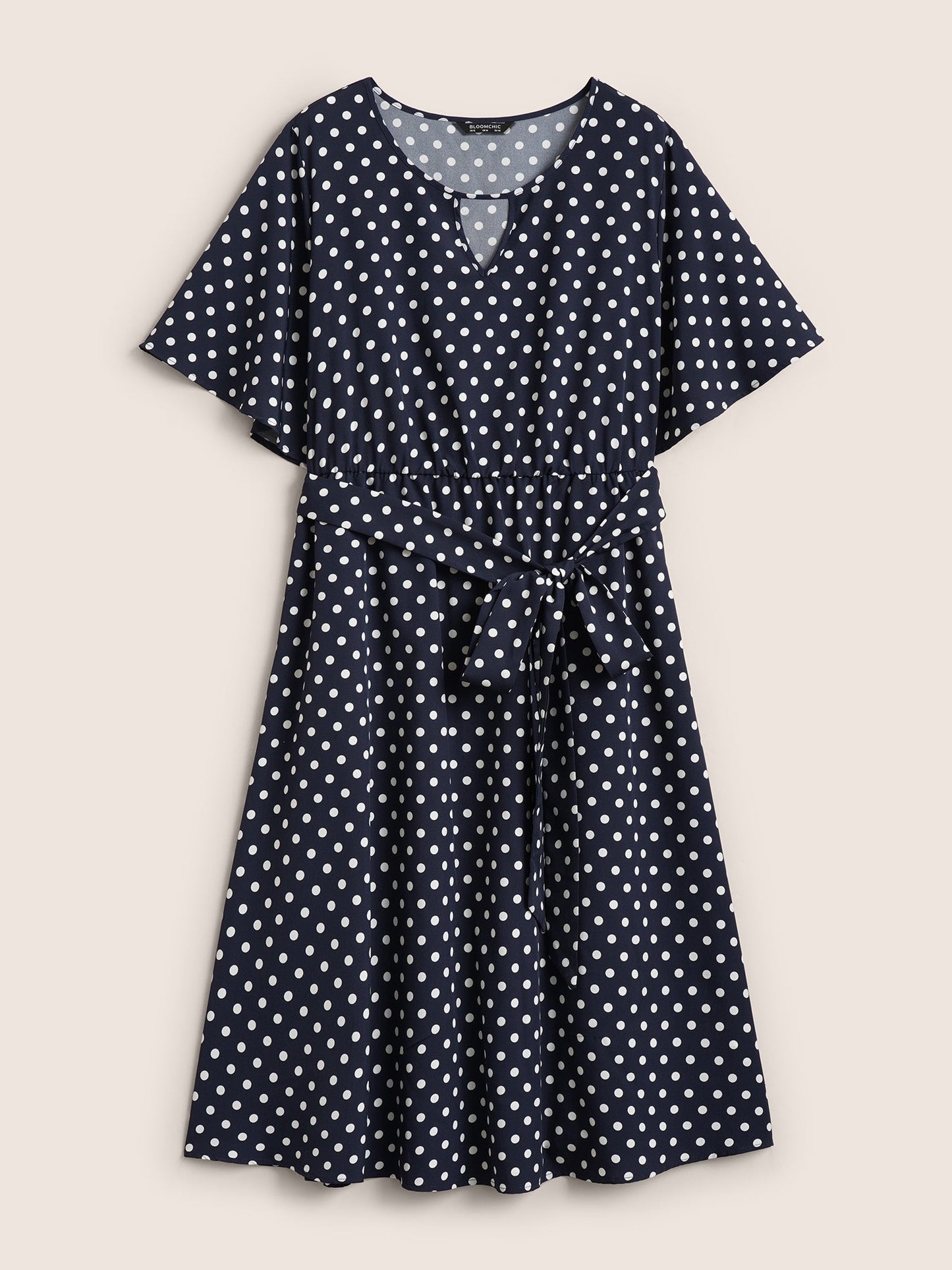 Polka Dot Keyhole Elastic Waist Belted Dress