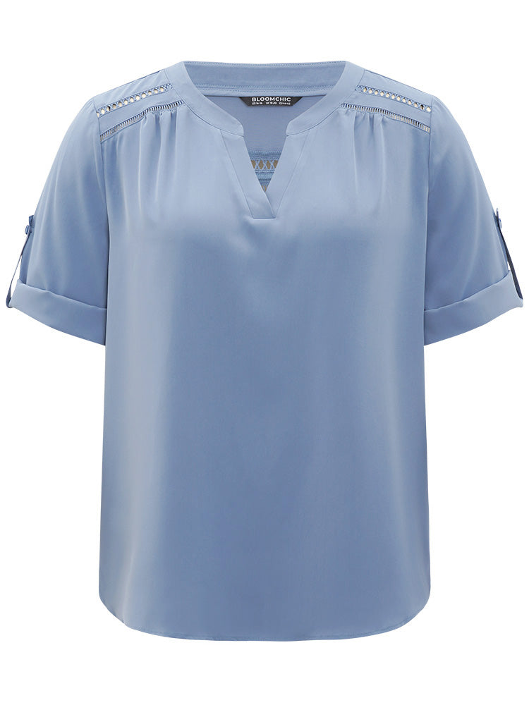 Laser Cut Notched Cuffed Sleeve Gathered Blouse