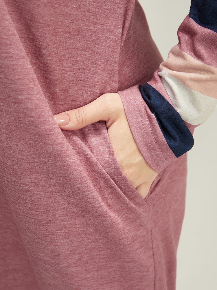 Striped Contrast Pocket Raglan Sleeve Round Neck Sleep Dress