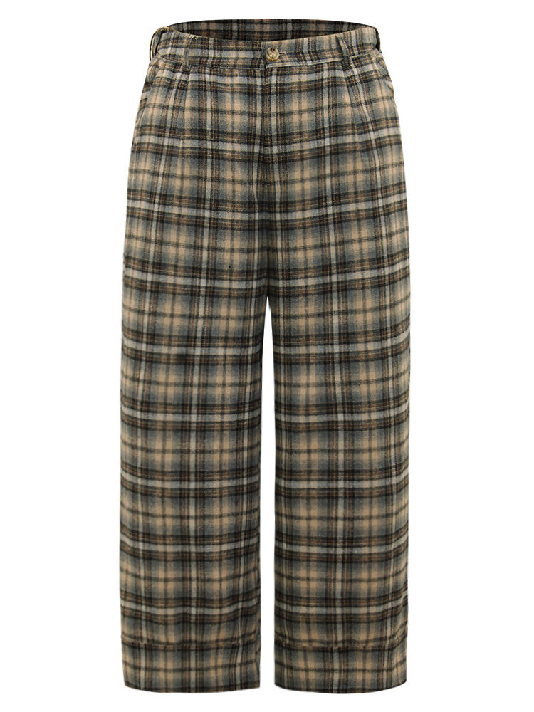 Plaid Button Detail Straight Leg Pants