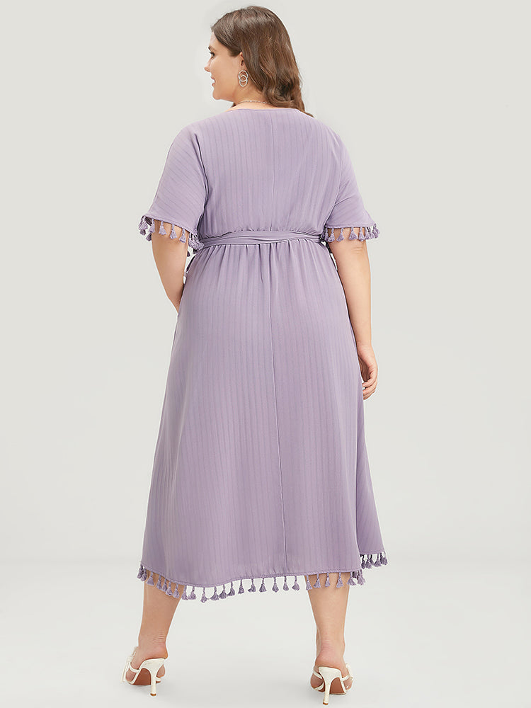 Plain Striped Dolman Sleeve Split Belted Tassels Trim Dress