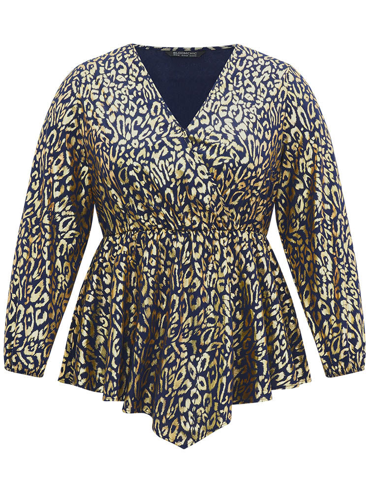 Glitter Leopard Wrap Elastic Waist Lantern Sleeve Blouse
