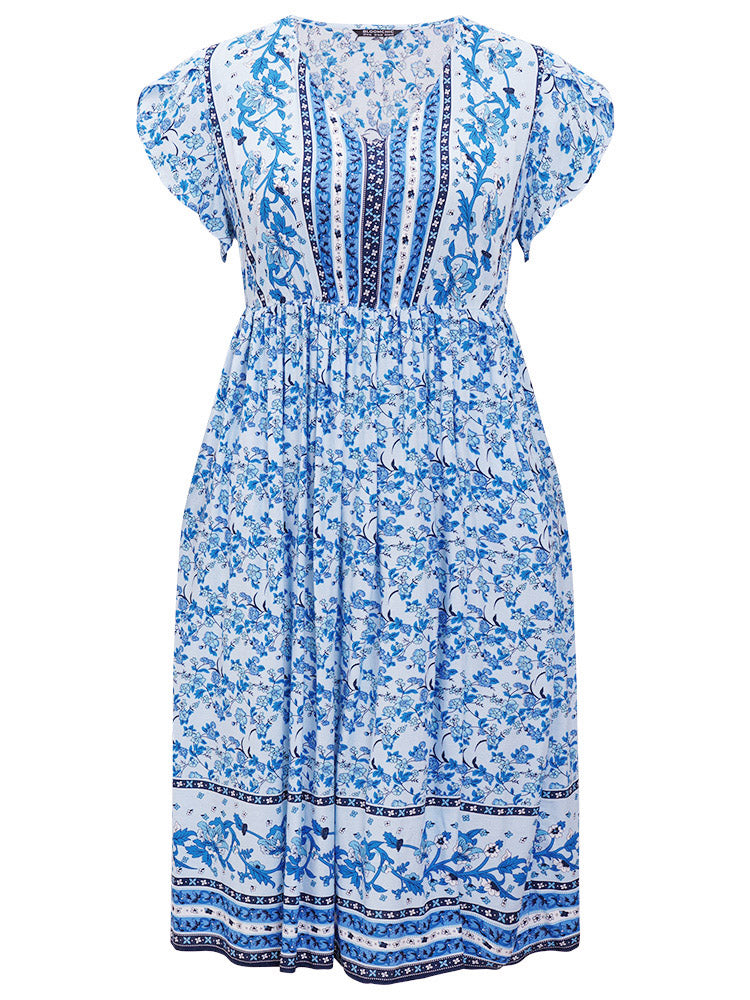 Bandana Print Pocket Petal Sleeve Split Dress
