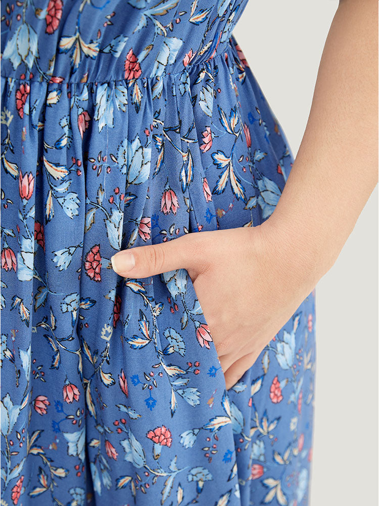 Bandana Print Ruffle Cap Sleeve Button Detail Pocket Dress